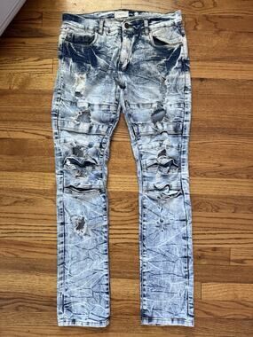 FWRD Denim Mens Biker Jeans Acid Wash Ripped Distressed Moto Denim Size 32x33